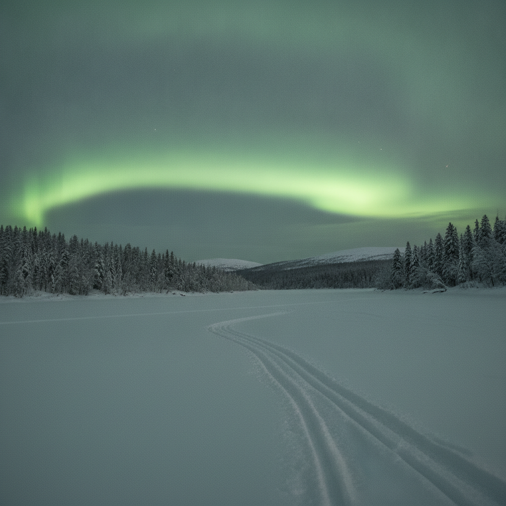 Torne river aurora, Jukkasjärvi area, Sweden AI-generated photoreal reference