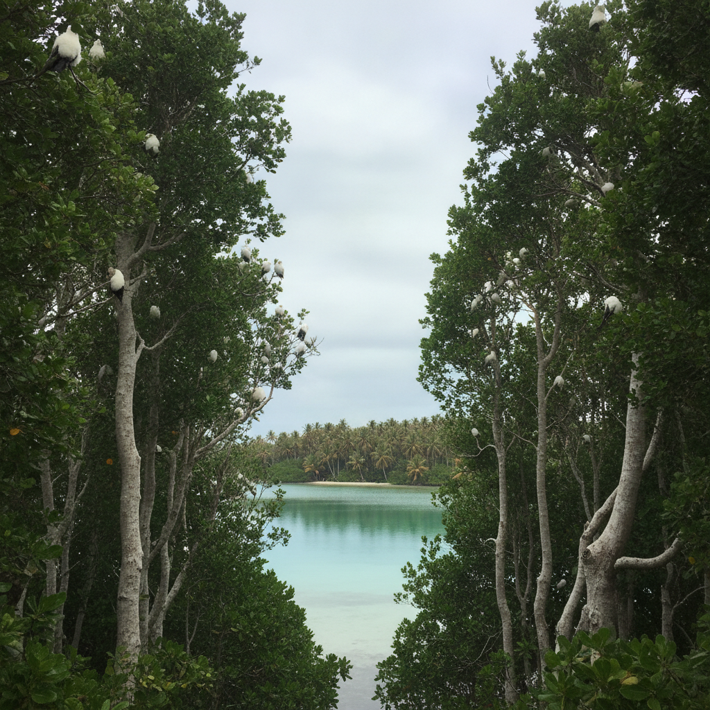 Palmyra red-footed booby colony in Pisonia AI-generated photoreal reference