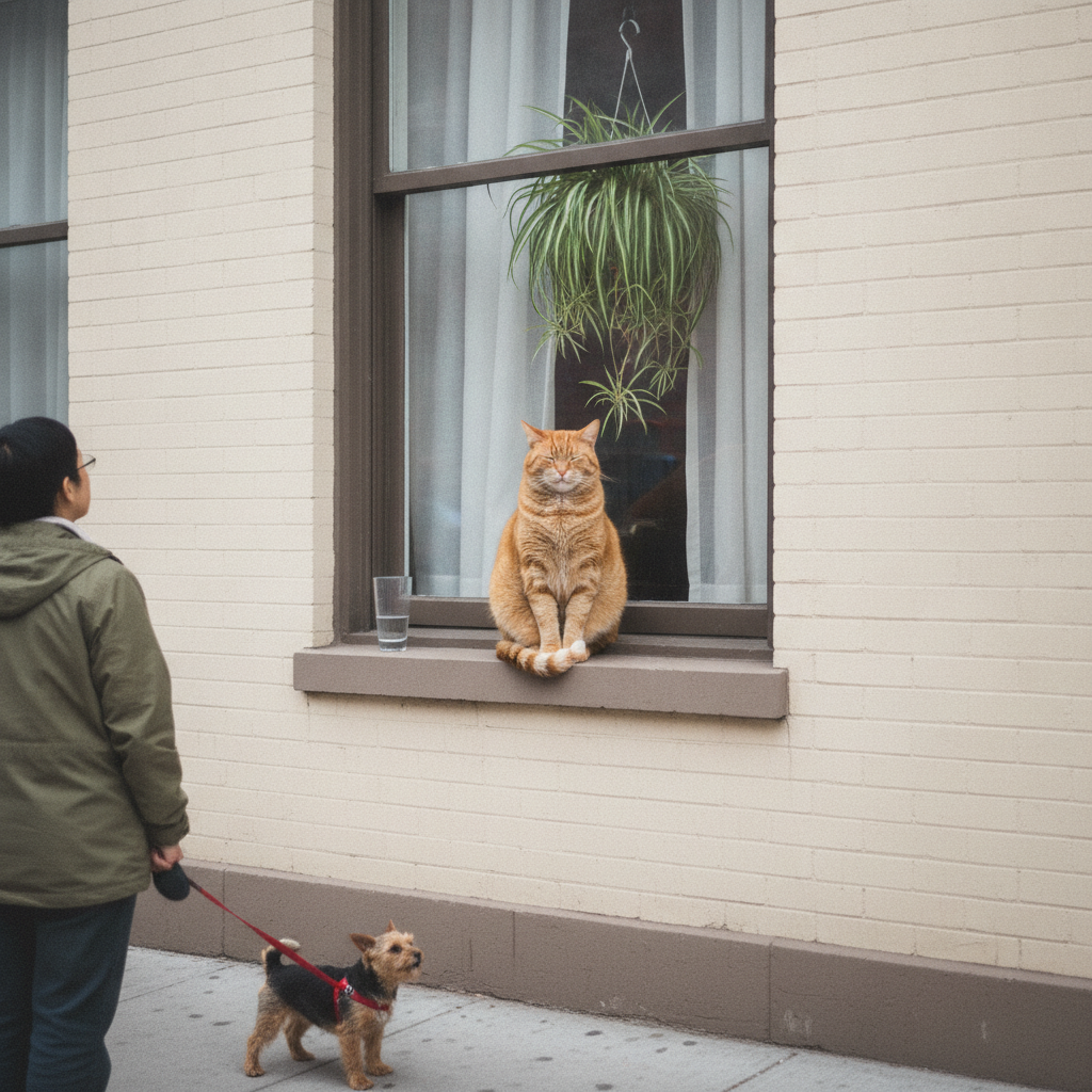 Apartment window with cat watching AI-generated photoreal reference