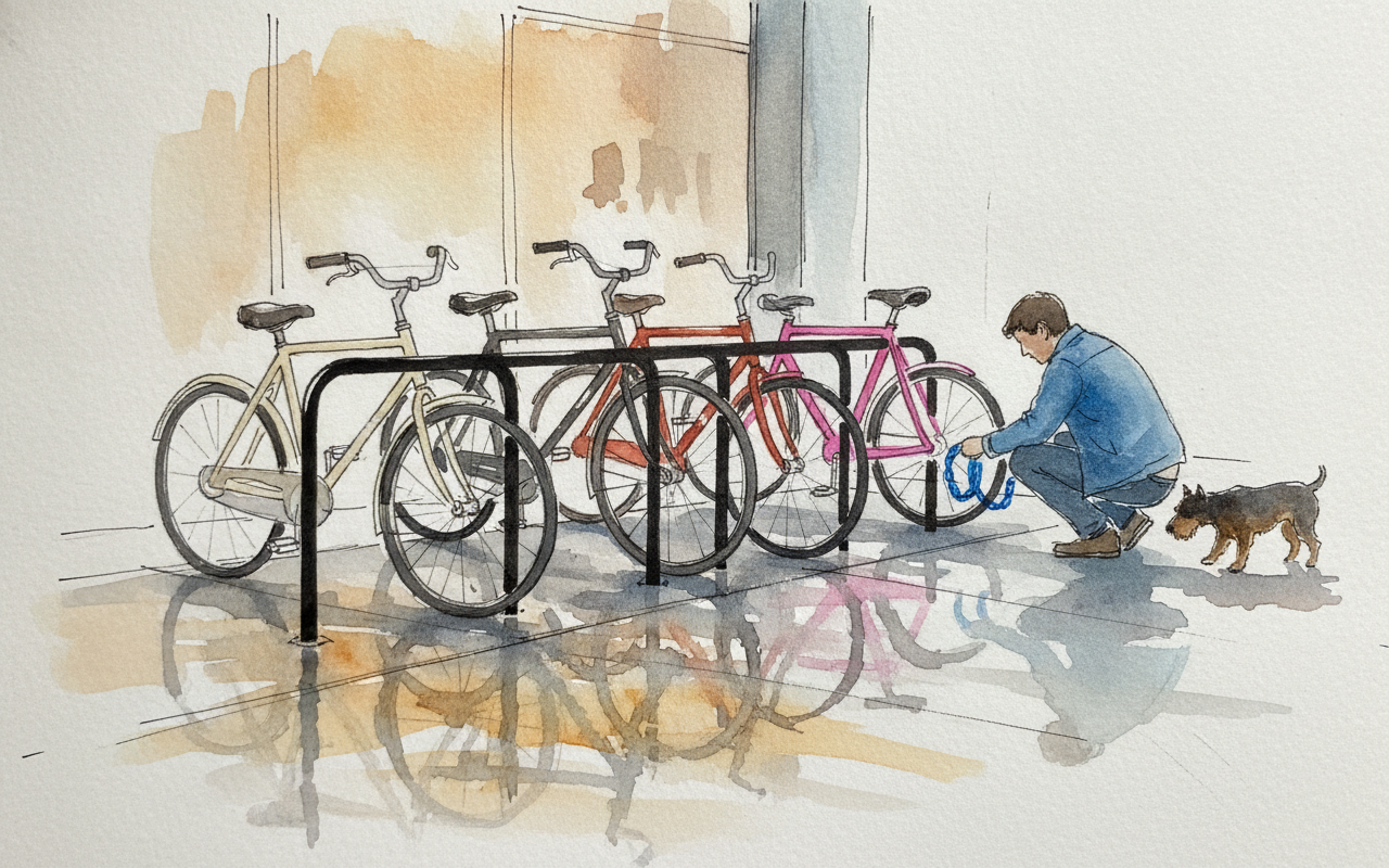 Bike rack outside busy café example 1