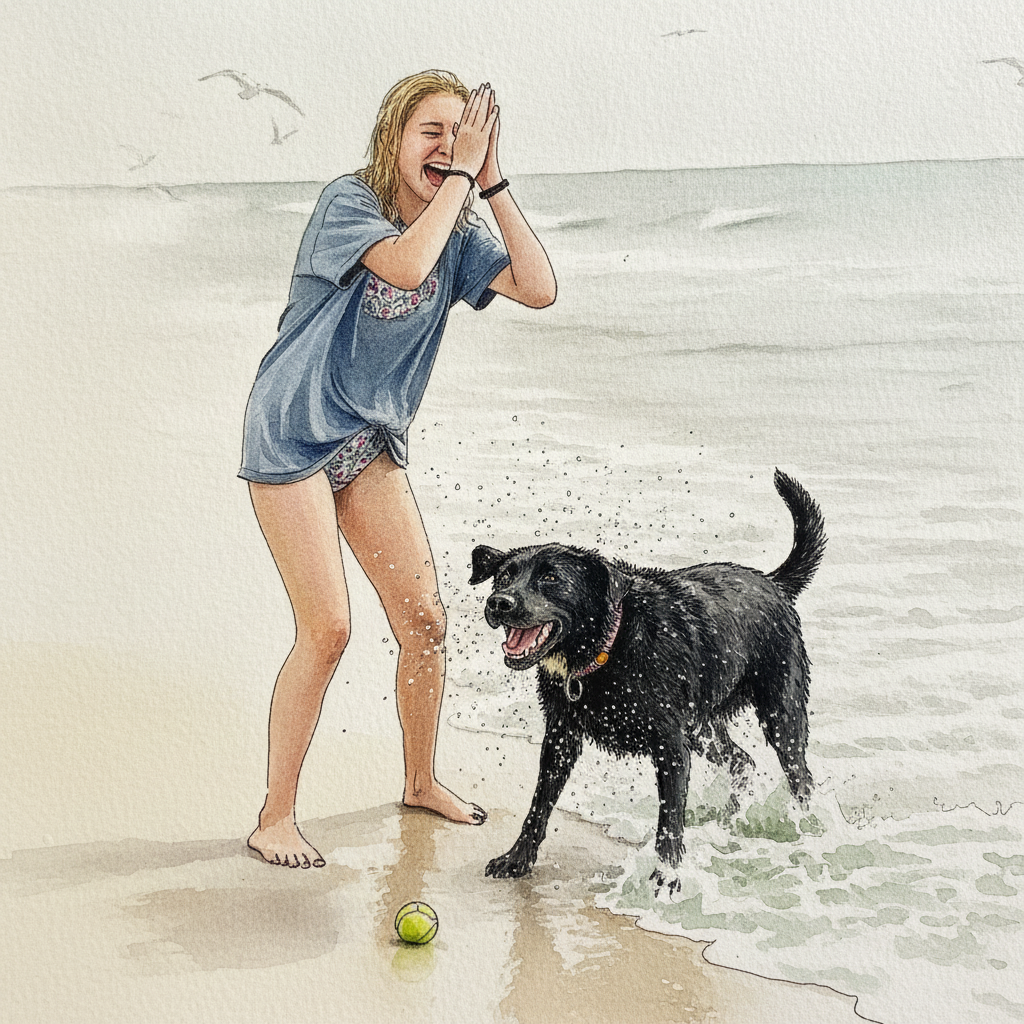 Person at beach with wet dog example 1