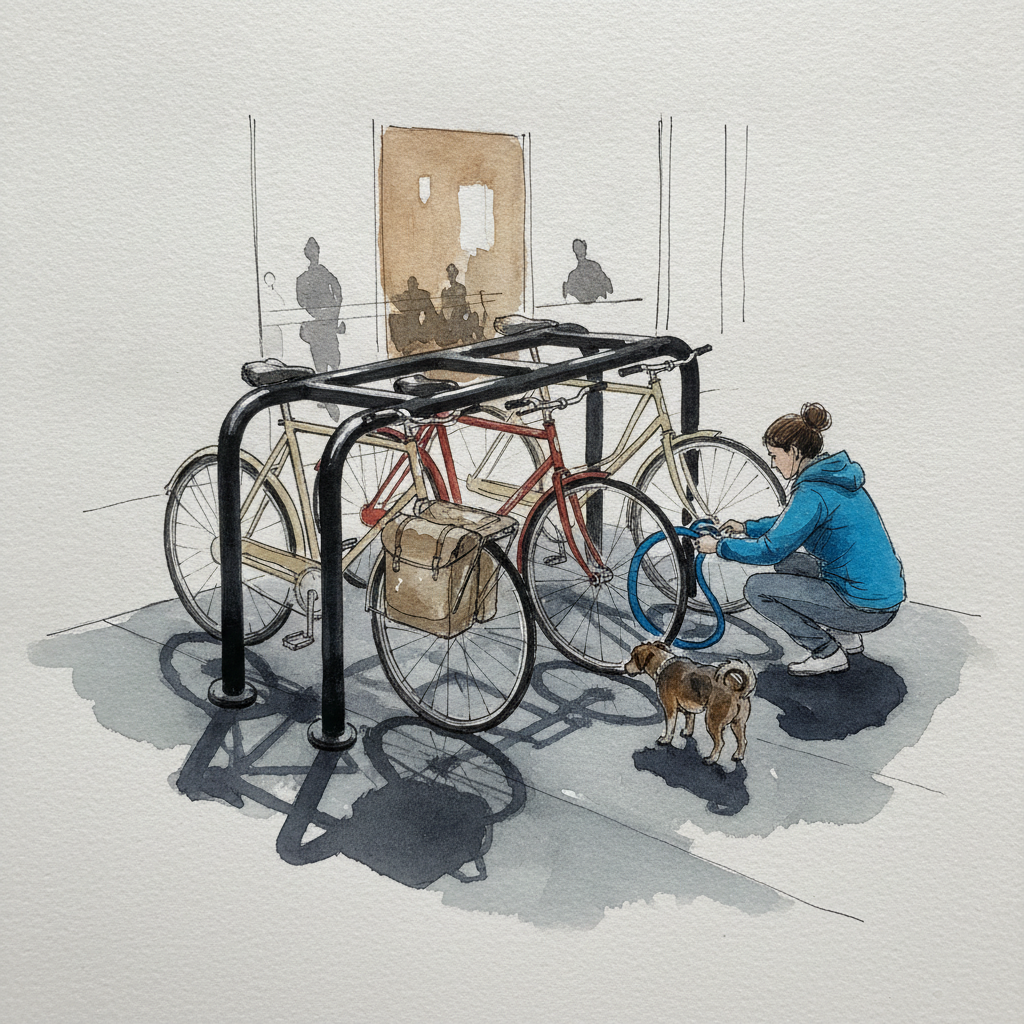 Bike rack outside busy café example 2