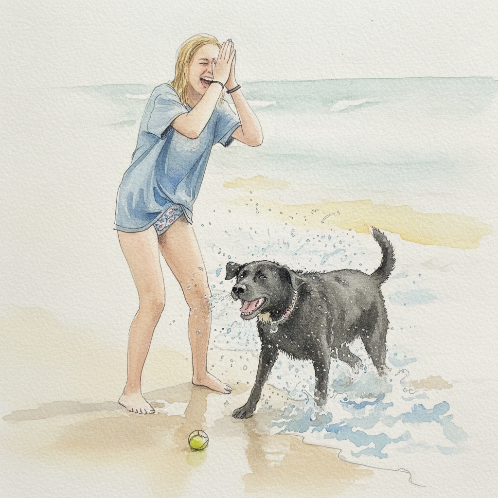 Person at beach with wet dog example 2
