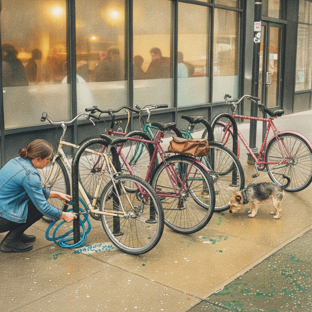 Bike rack outside busy café example 3
