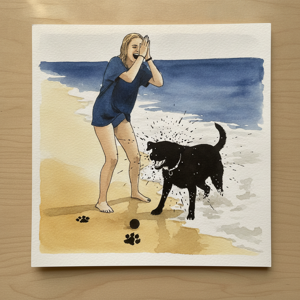 Person at beach with wet dog example 3