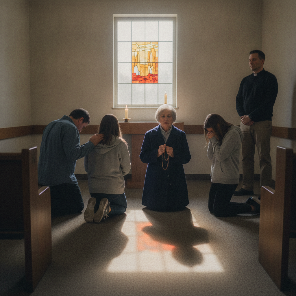 Family praying in chapel AI-generated photoreal reference
