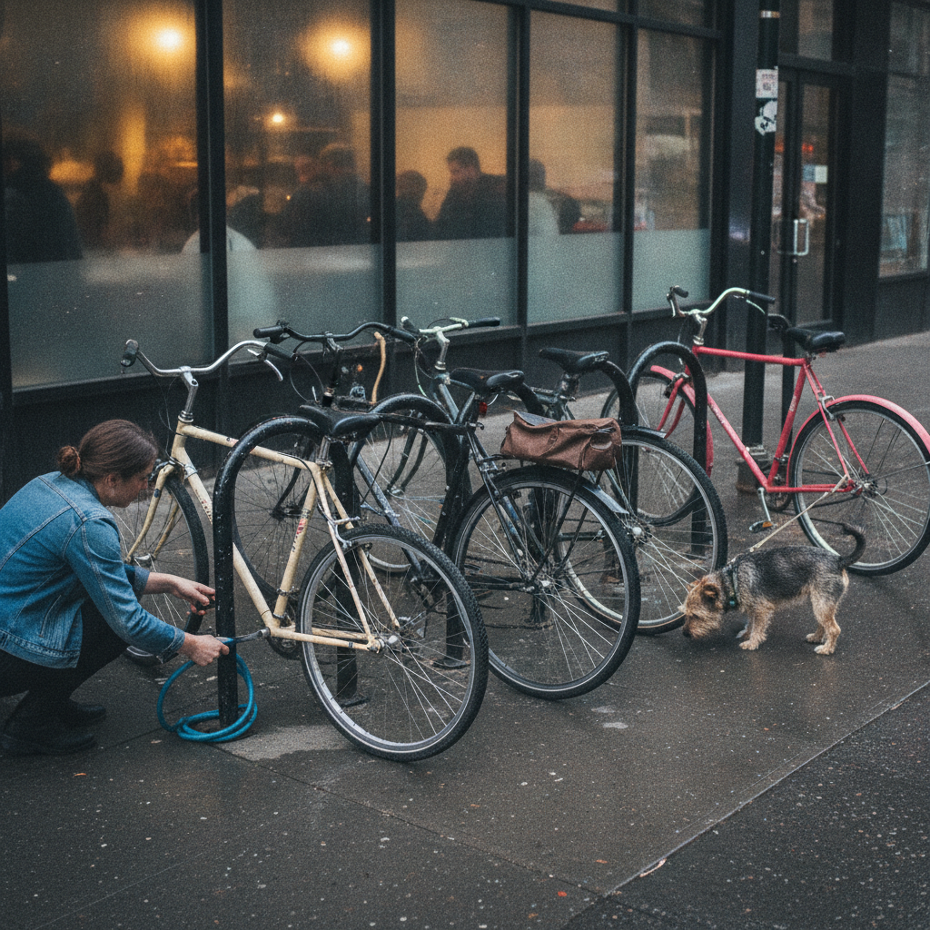 Bike rack outside busy café AI-generated photoreal reference