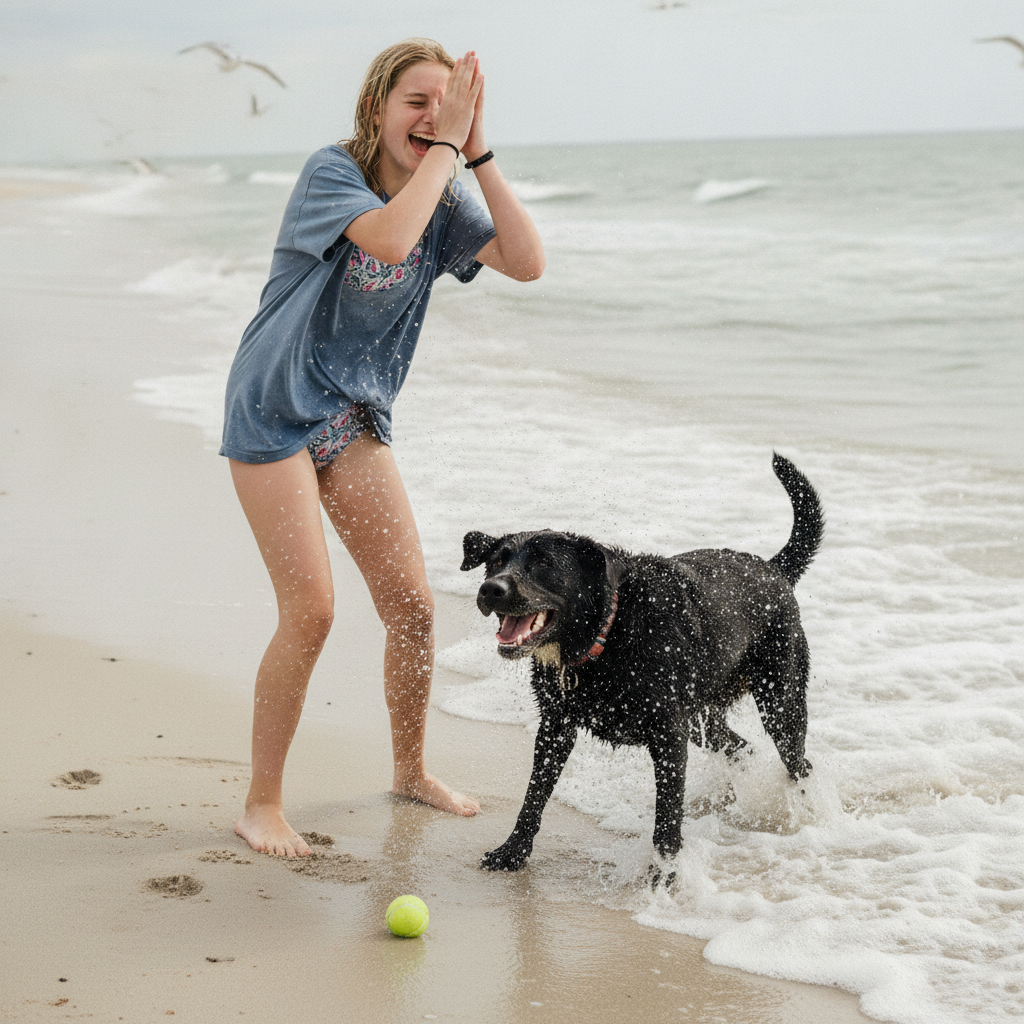 Person at beach with wet dog AI-generated photoreal reference