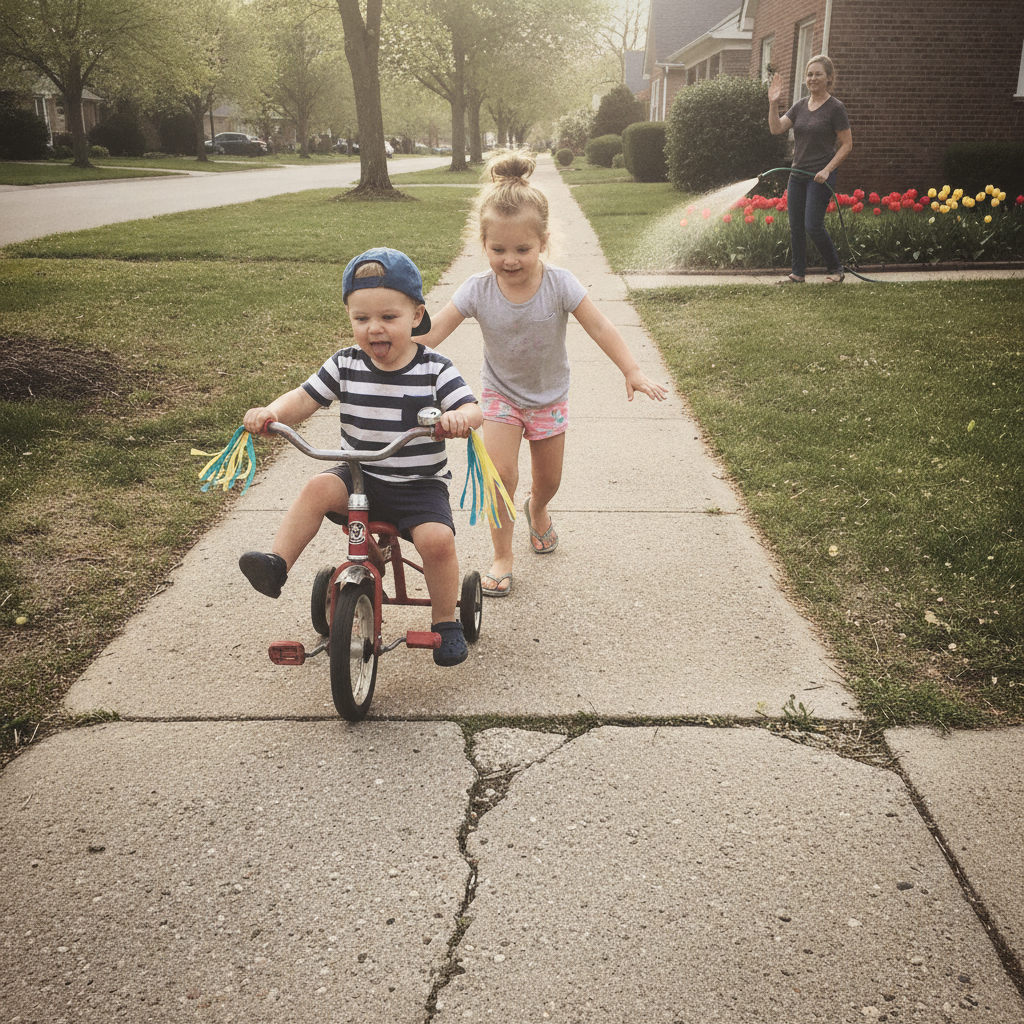 Toddler riding tricycle AI-generated photoreal reference