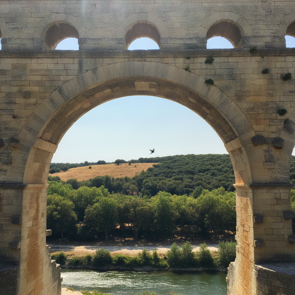 Pont du Gard Through a Single Arch AI-generated photoreal reference