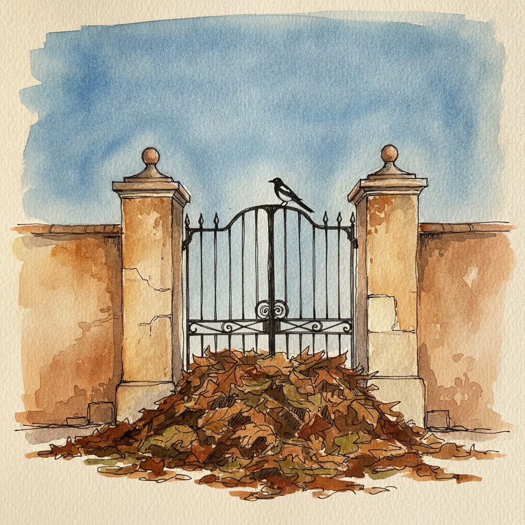 Provencal gate after mistral, leaves piled at the foot example 1