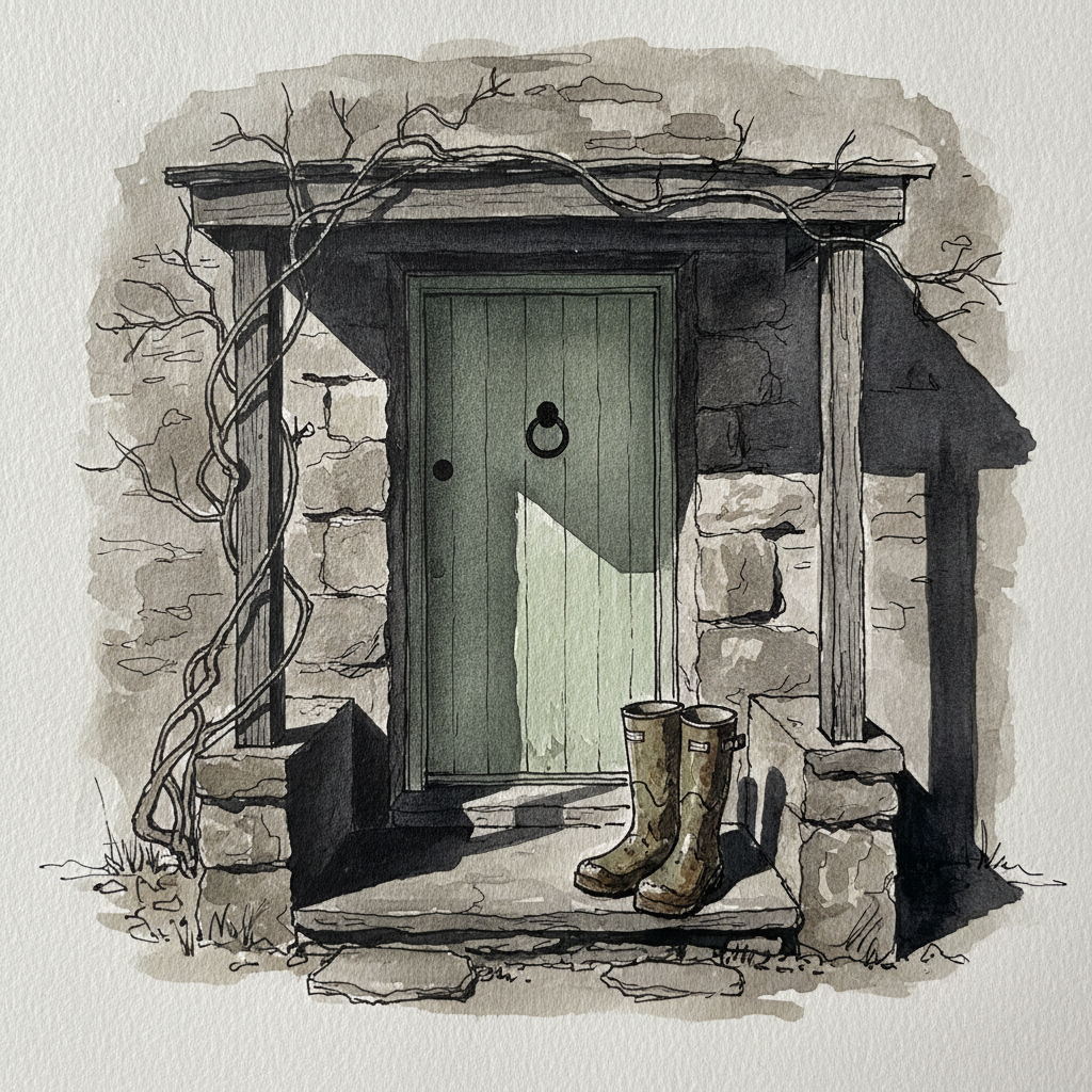 Scottish Borders cottage with a sage door and bare honeysuckle in late February example 1