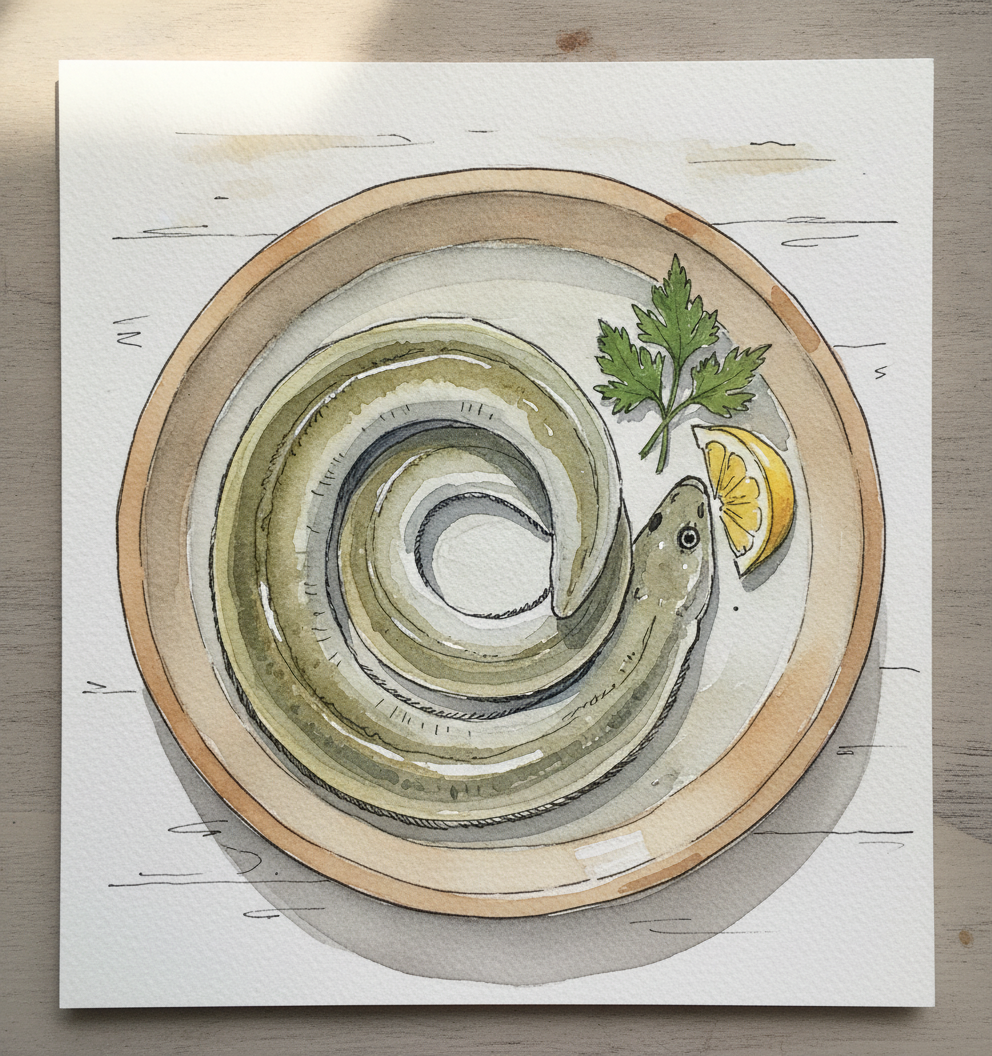 Eel coiled in shallow dish example 1