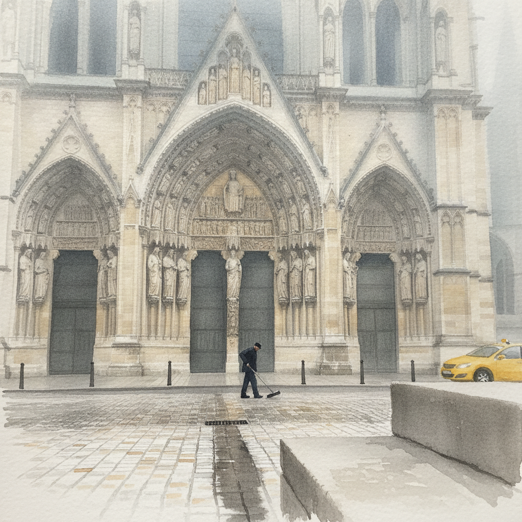 Amiens Cathedral central portal, foggy morning example 1