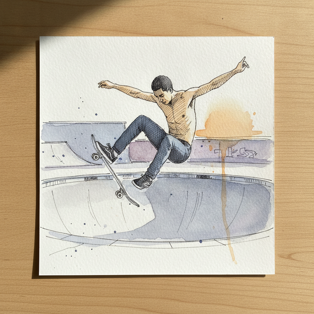 Skateboard ollie, board attached, peak example 1