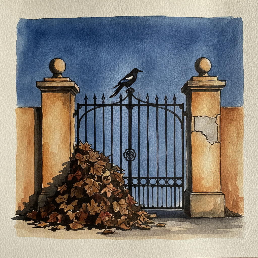 Provencal gate after mistral, leaves piled at the foot example 2
