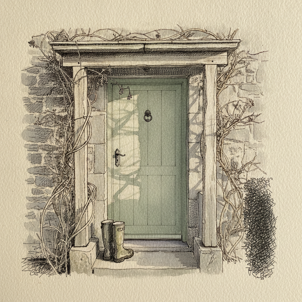 Scottish Borders cottage with a sage door and bare honeysuckle in late February example 2