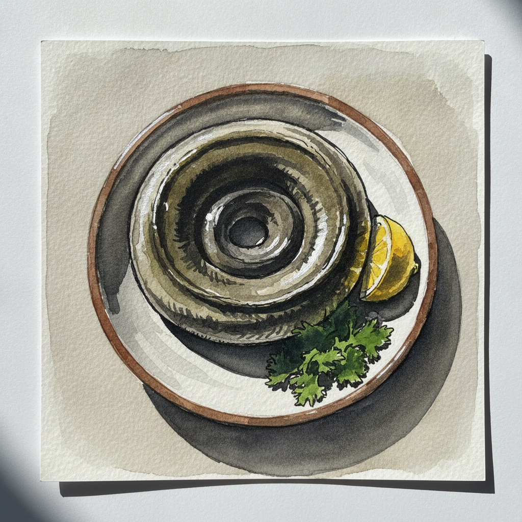 Eel coiled in shallow dish example 2