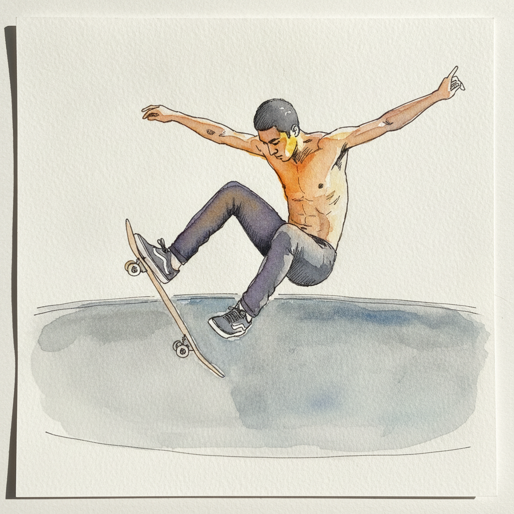 Skateboard ollie, board attached, peak example 2