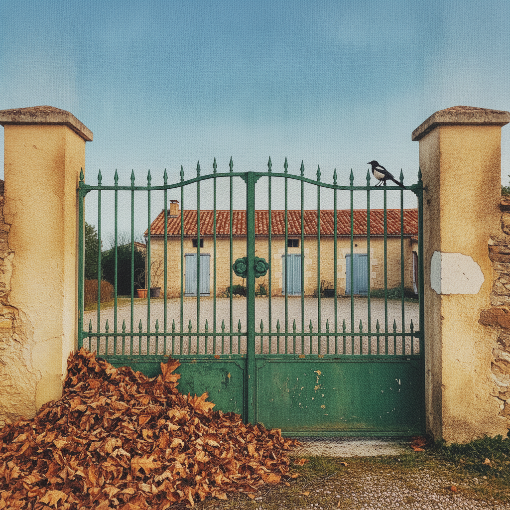 Provencal gate after mistral, leaves piled at the foot example 3