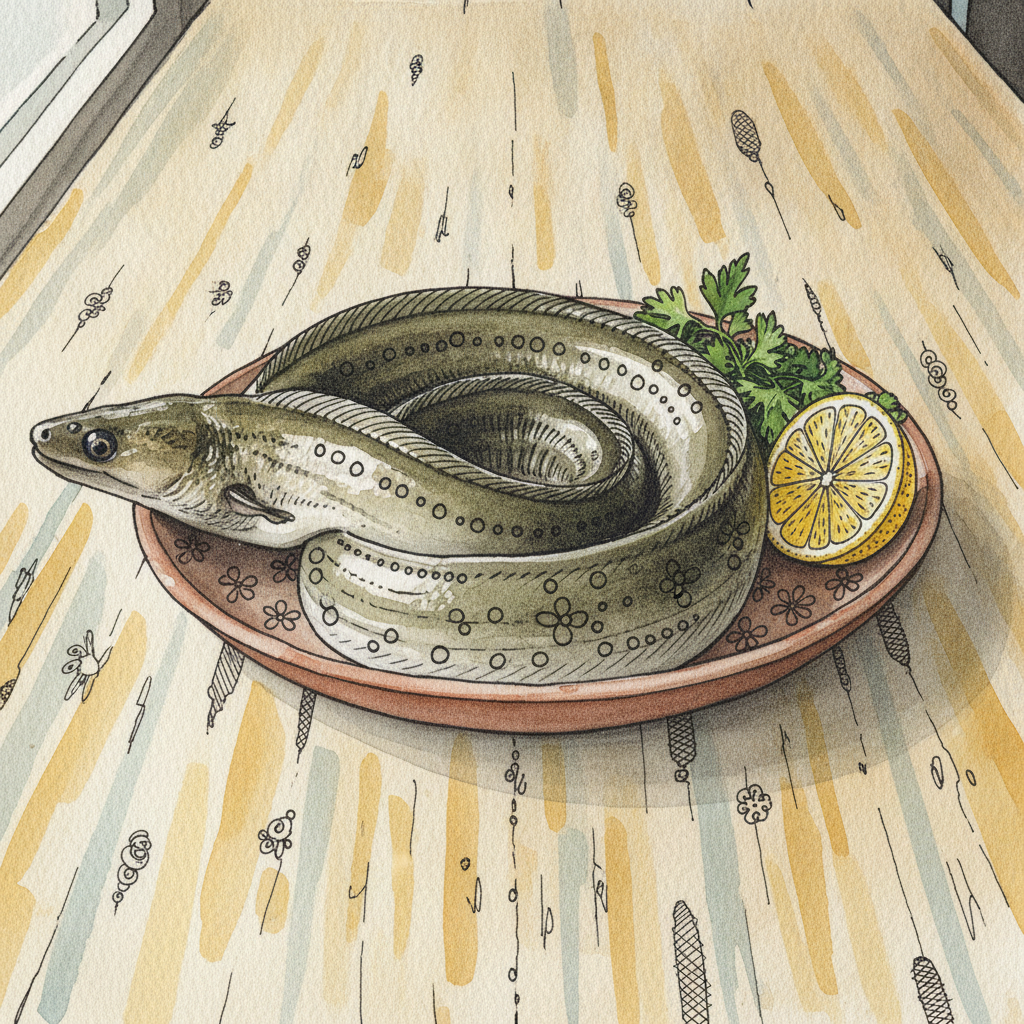 Eel coiled in shallow dish example 3