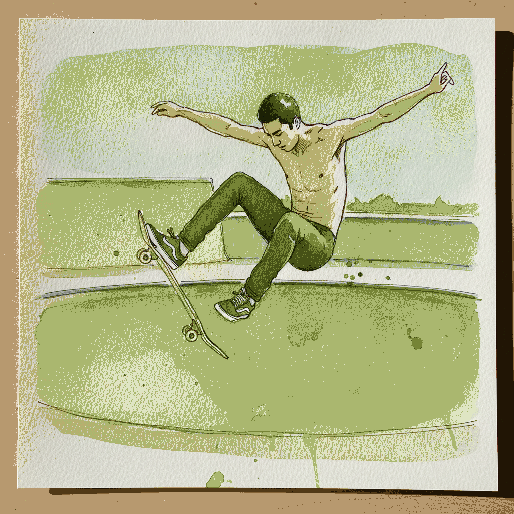 Skateboard ollie, board attached, peak example 3