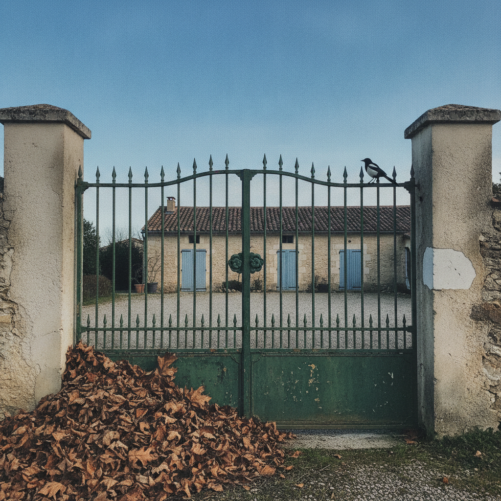 Provencal gate after mistral, leaves piled at the foot AI-generated photoreal reference