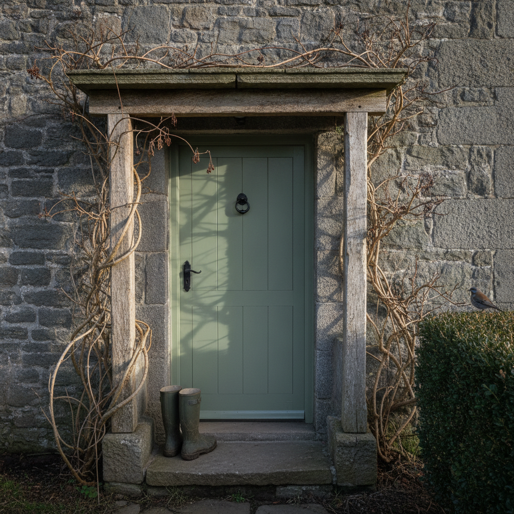 Scottish Borders cottage with a sage door and bare honeysuckle in late February AI-generated photoreal reference