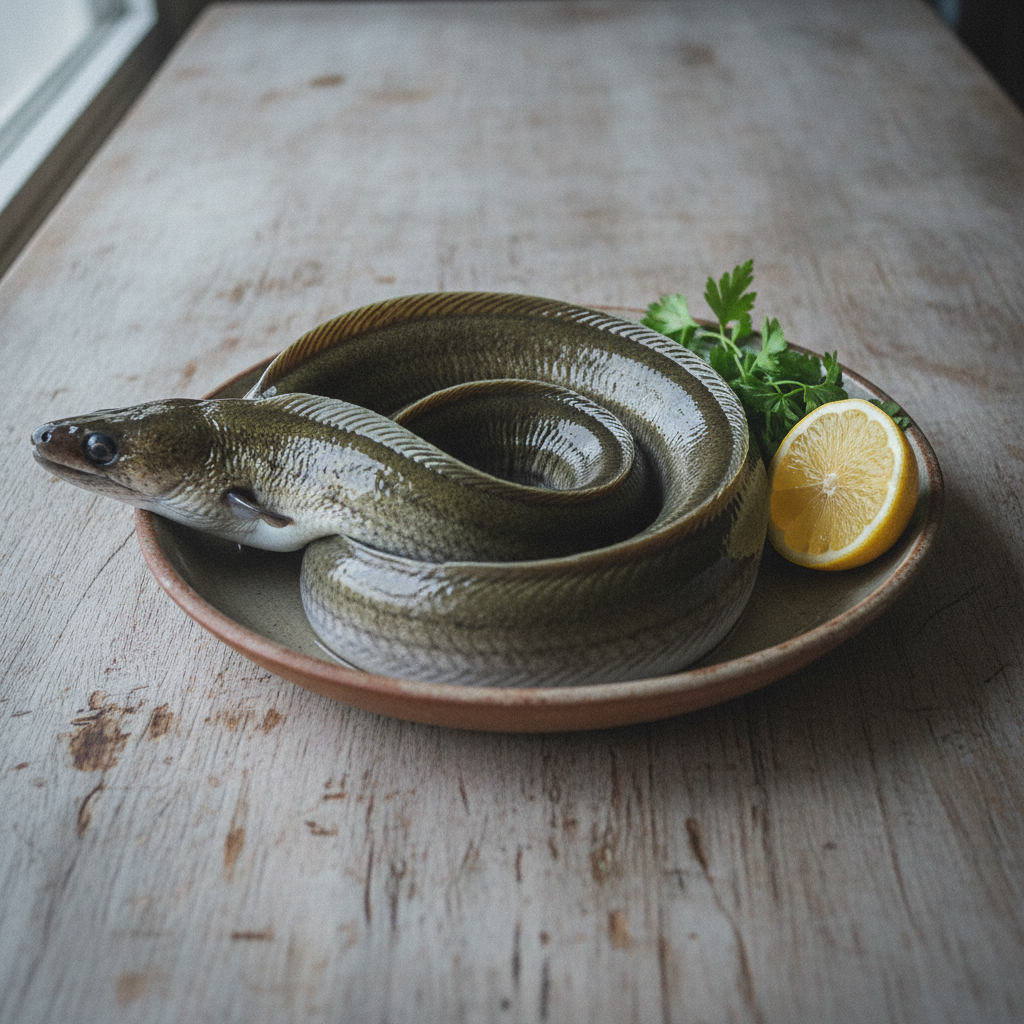 Eel coiled in shallow dish AI-generated photoreal reference