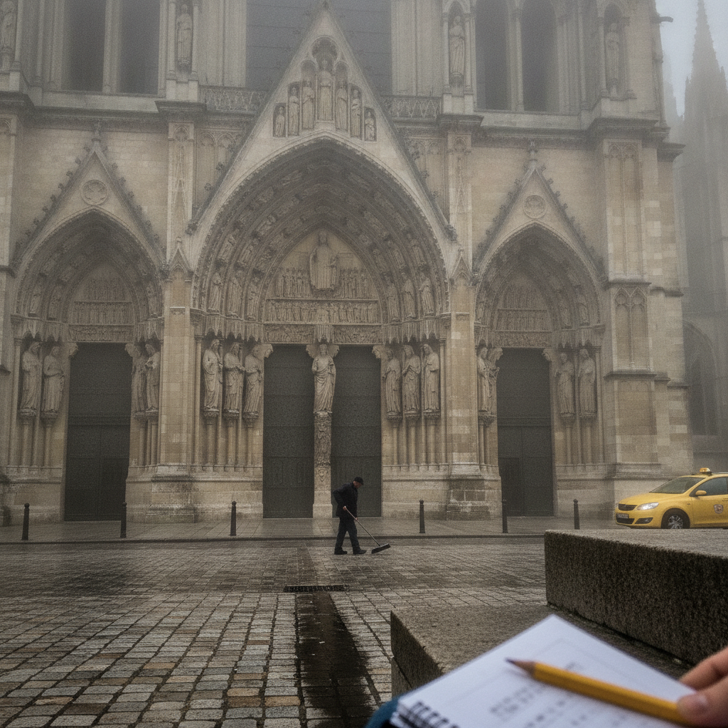 Amiens Cathedral central portal, foggy morning AI-generated photoreal reference