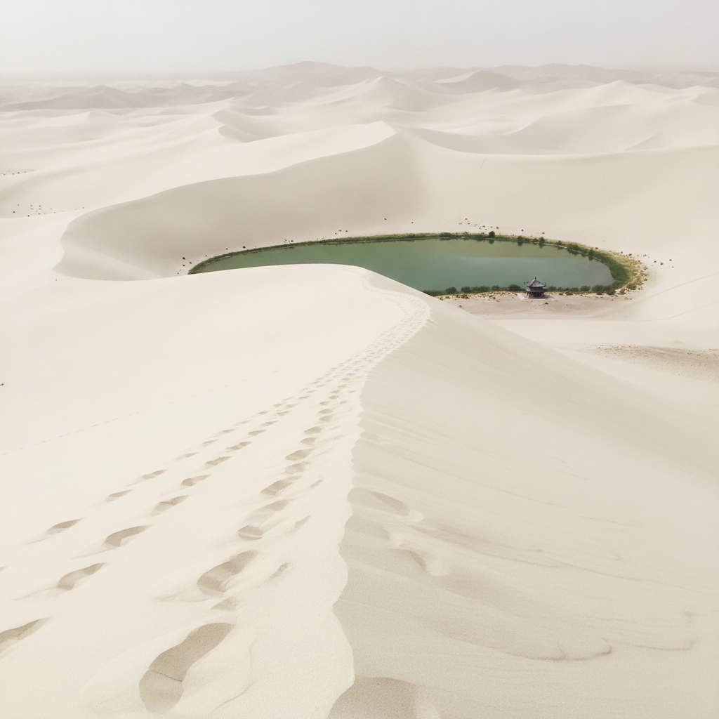 Mingsha Shan dunes above Crescent Lake AI-generated photoreal reference