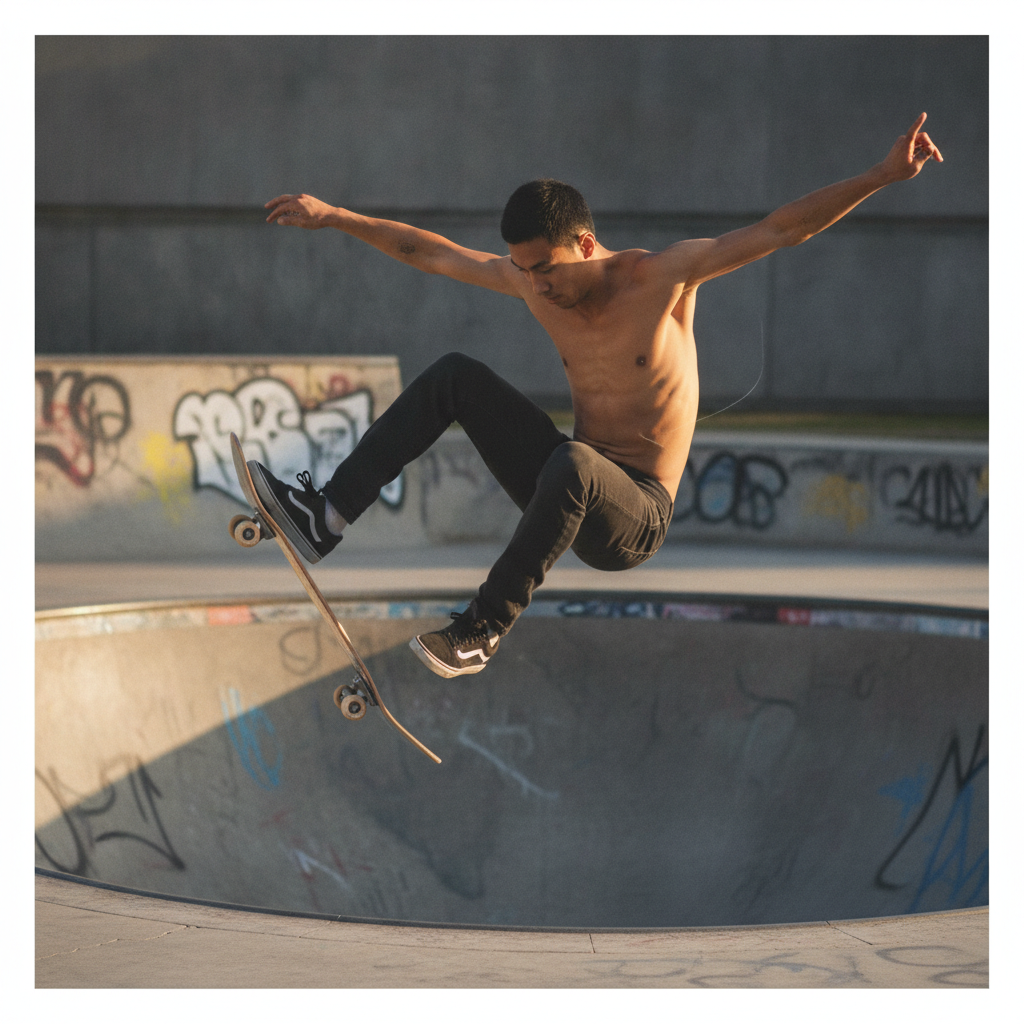 Skateboard ollie, board attached, peak AI-generated photoreal reference