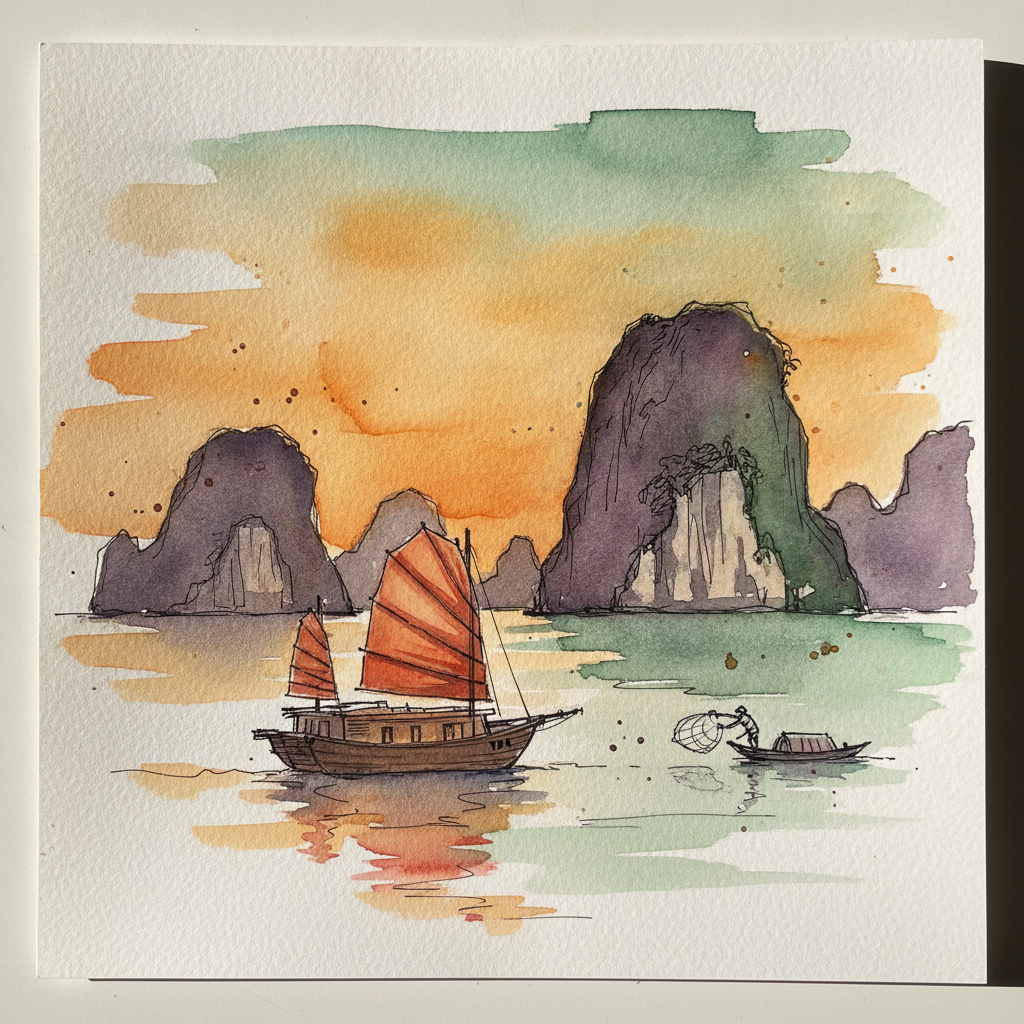 Halong Bay limestone islands at sunset, Vietnam example 1