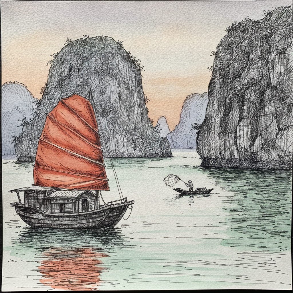 Halong Bay limestone islands at sunset, Vietnam example 2