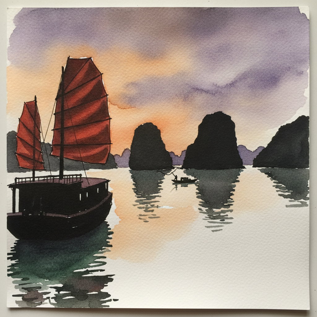 Halong Bay limestone islands at sunset, Vietnam example 3