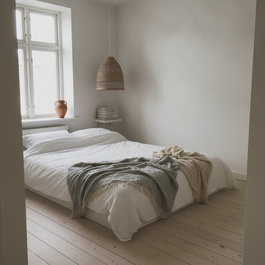 Scandinavian neutral bedroom AI-generated photoreal reference