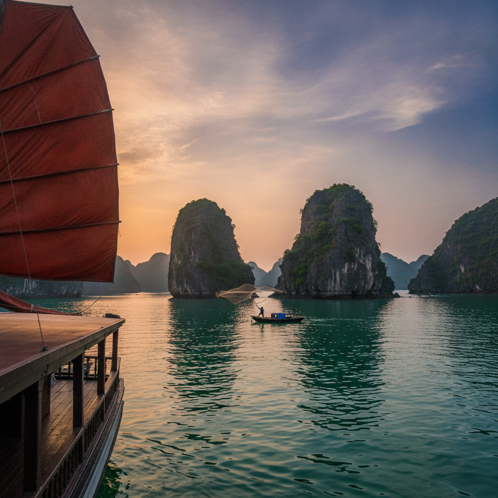Halong Bay limestone islands at sunset, Vietnam AI-generated photoreal reference