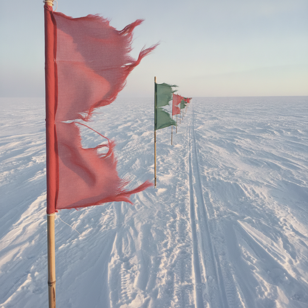 Bamboo flag traverse line vanishing to horizon AI-generated photoreal reference