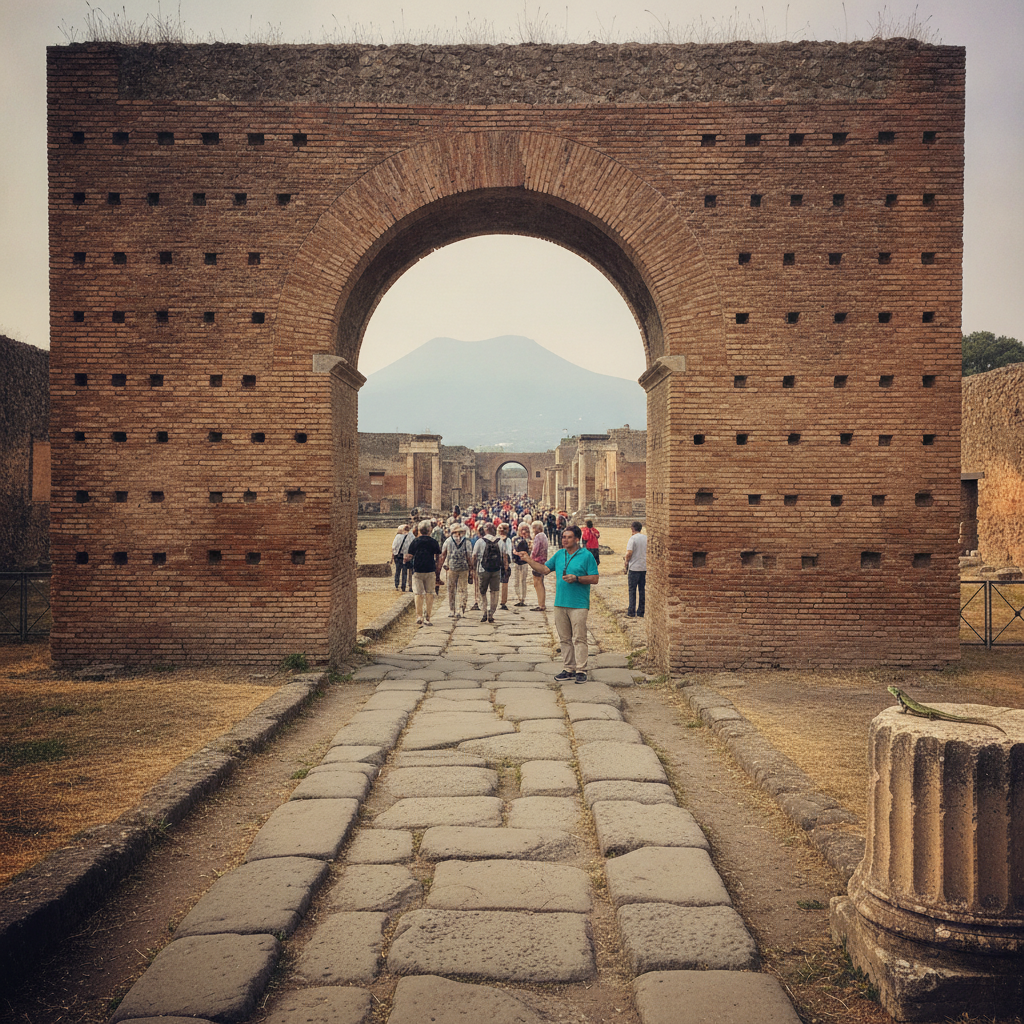 Arch at Pompeii — Arch of Caligula at the Forum end AI-generated photoreal reference