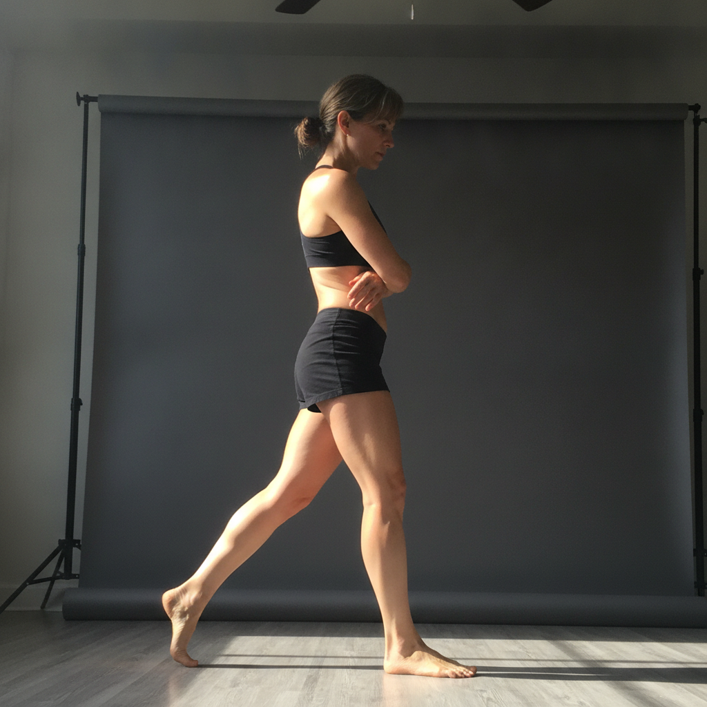 Walking, full torsion glance back AI-generated photoreal reference