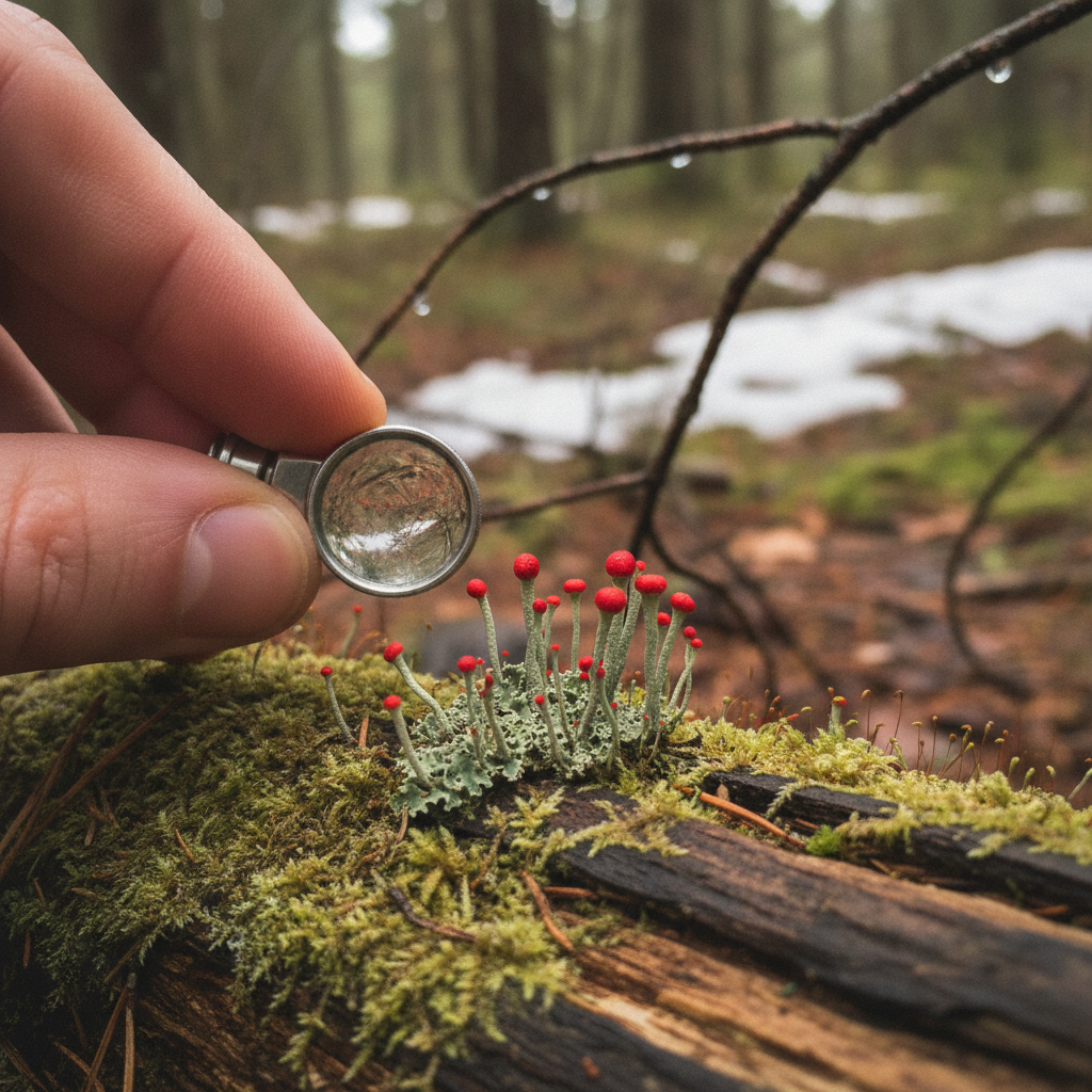 British soldiers (Cladonia cristatella) AI-generated photoreal reference