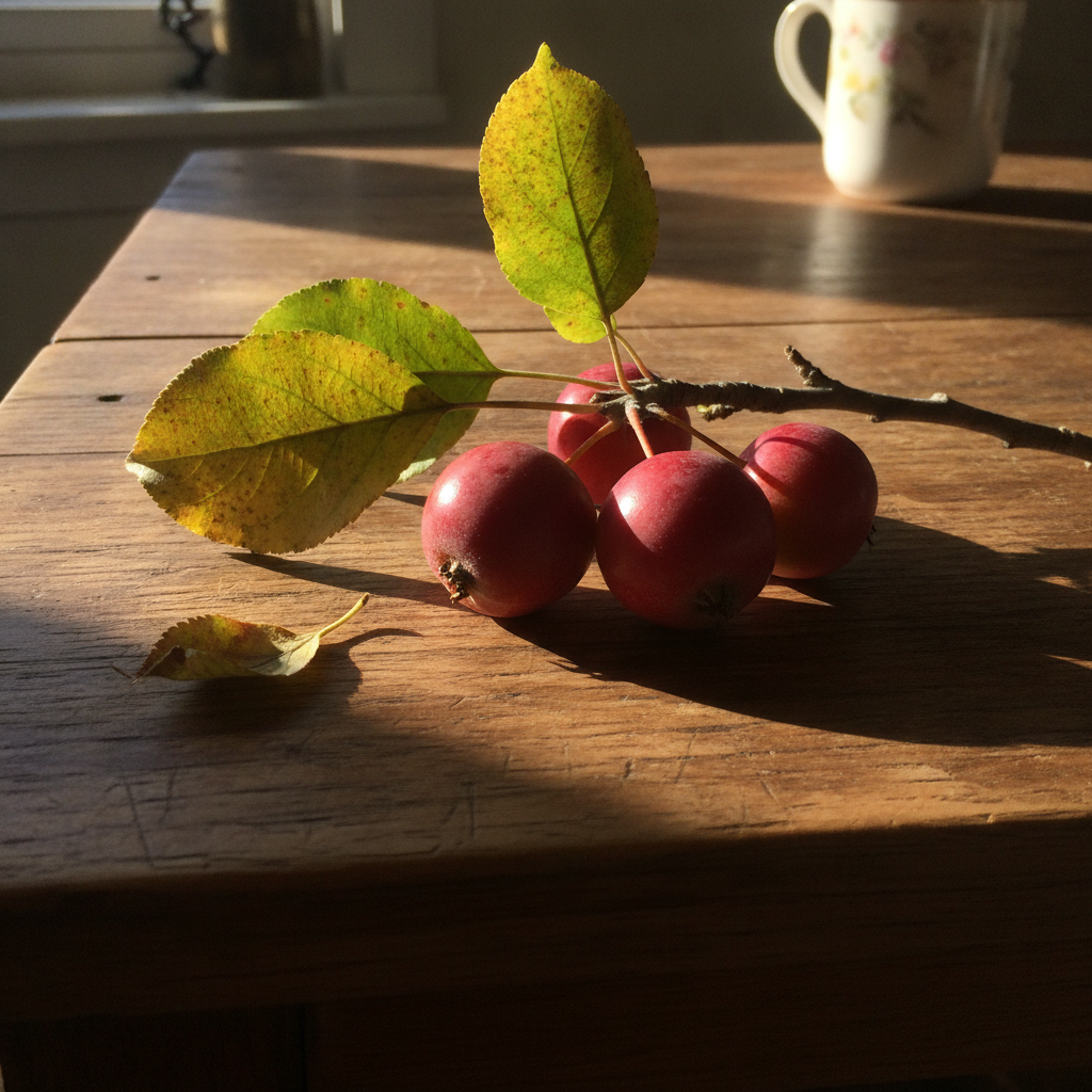 Apple branch with red fruit and leaves AI-generated photoreal reference