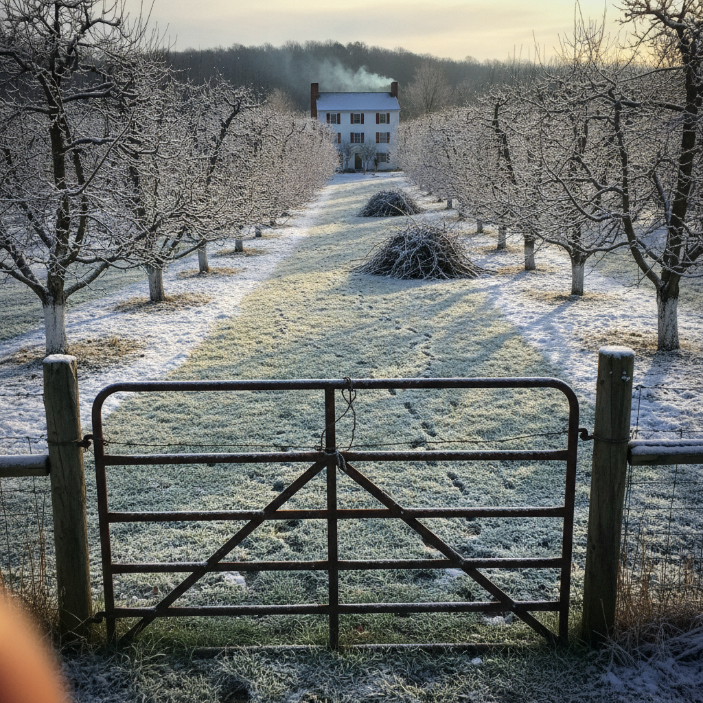 New Hampshire orchard winter skeleton, USA AI-generated photoreal reference