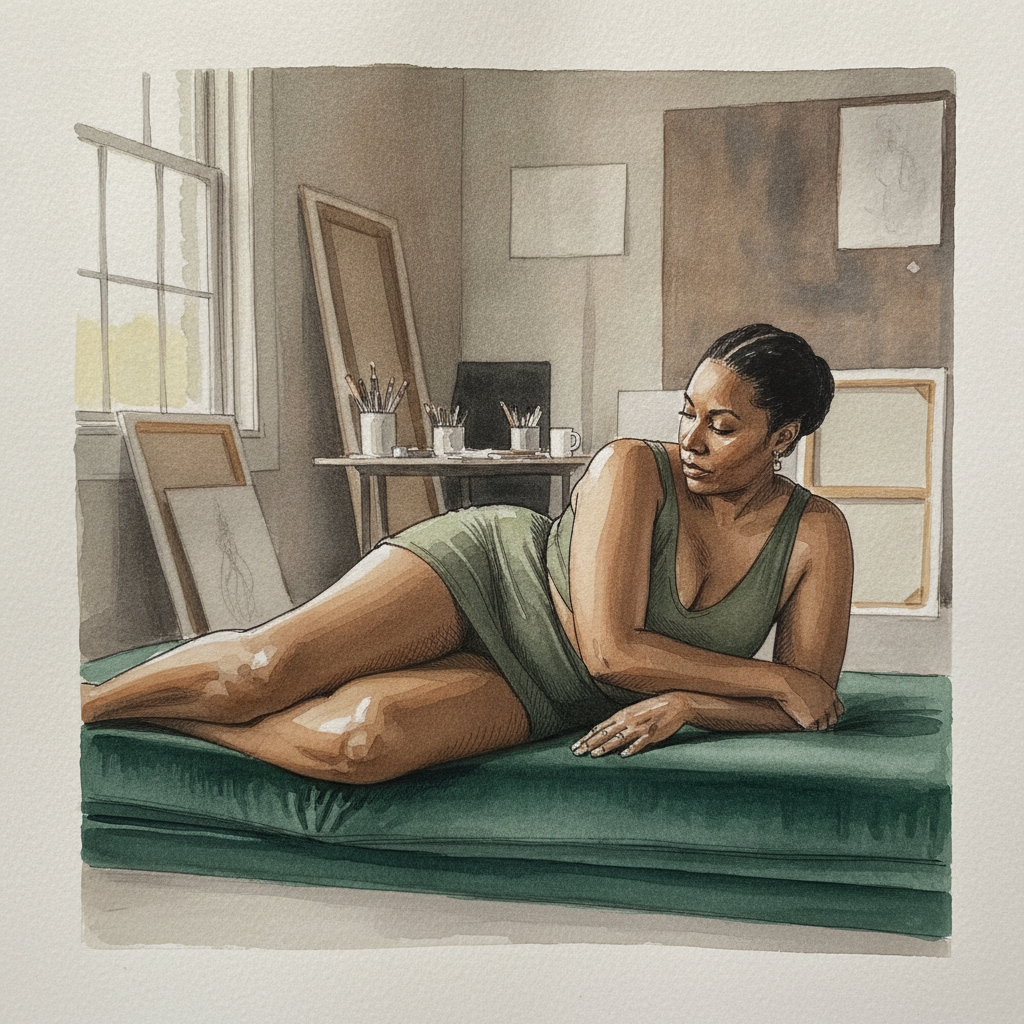 Propped with hand on opposite shoulder example 1