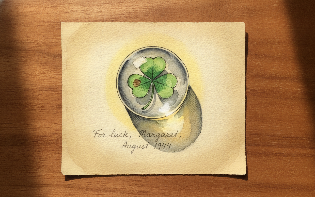 Pressed four-leaf clover under glass paperweight example 1