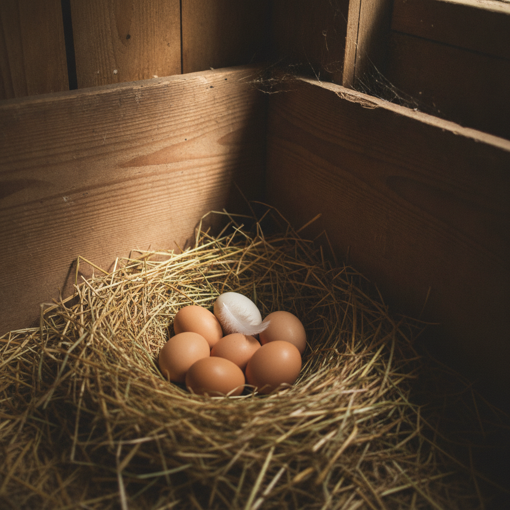 Hen's nest in the corner of a barn AI-generated photoreal reference