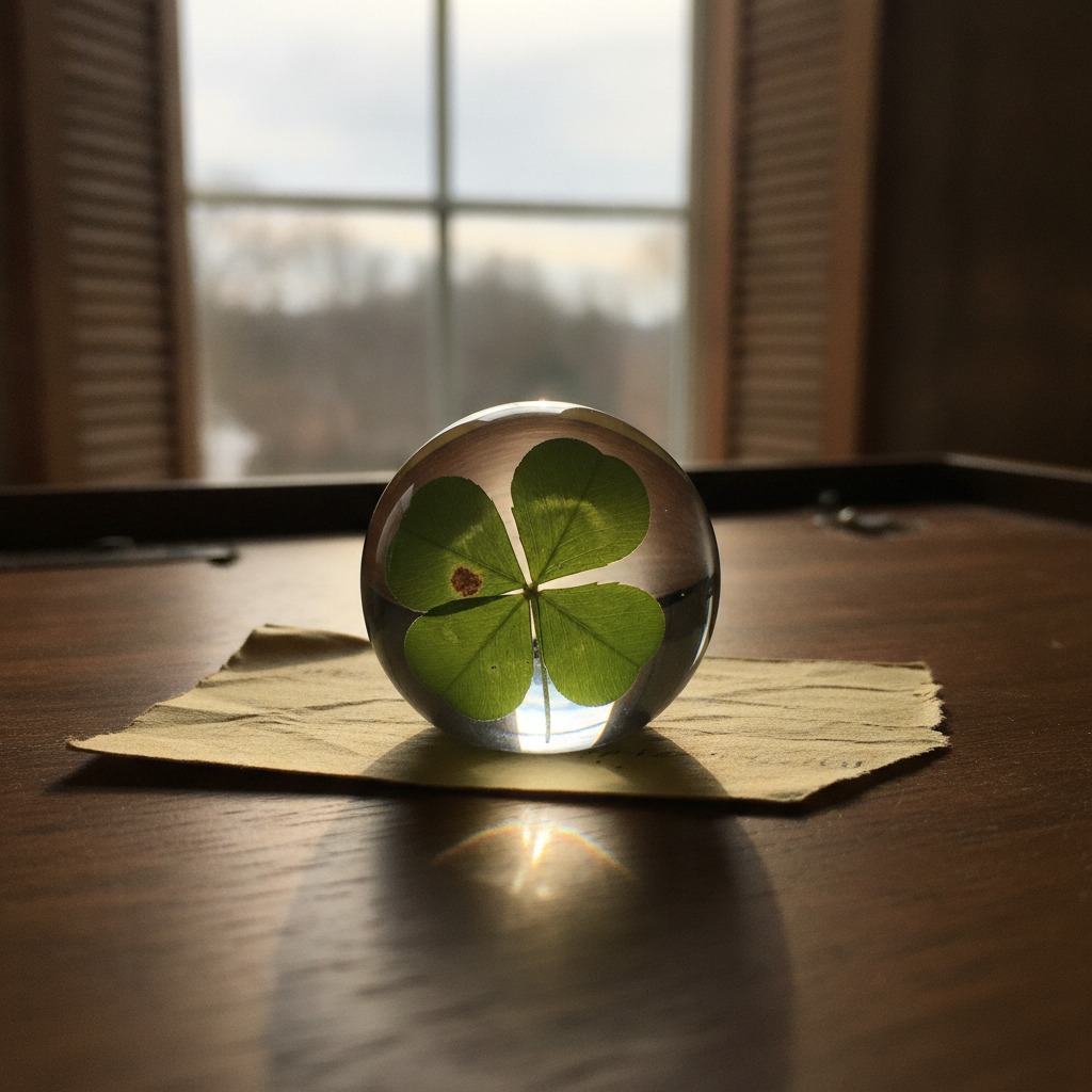 Pressed four-leaf clover under glass paperweight AI-generated photoreal reference