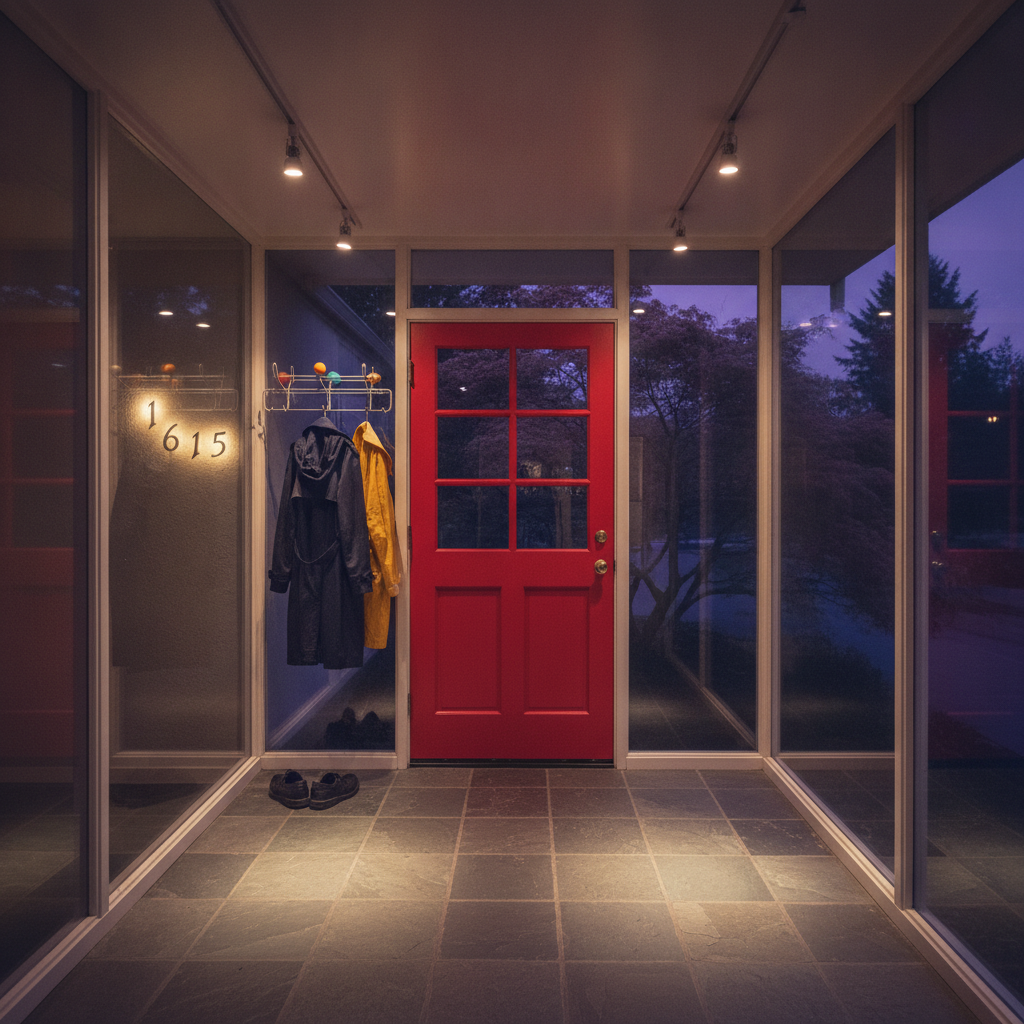 Mid-century door, Eichler Mackay tract, San Mateo, evening AI-generated photoreal reference