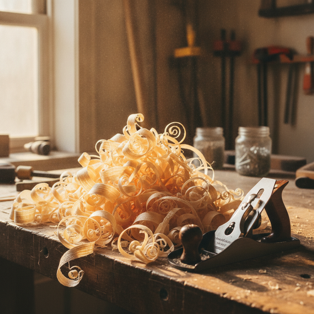 Curled pine shavings in a heap AI-generated photoreal reference