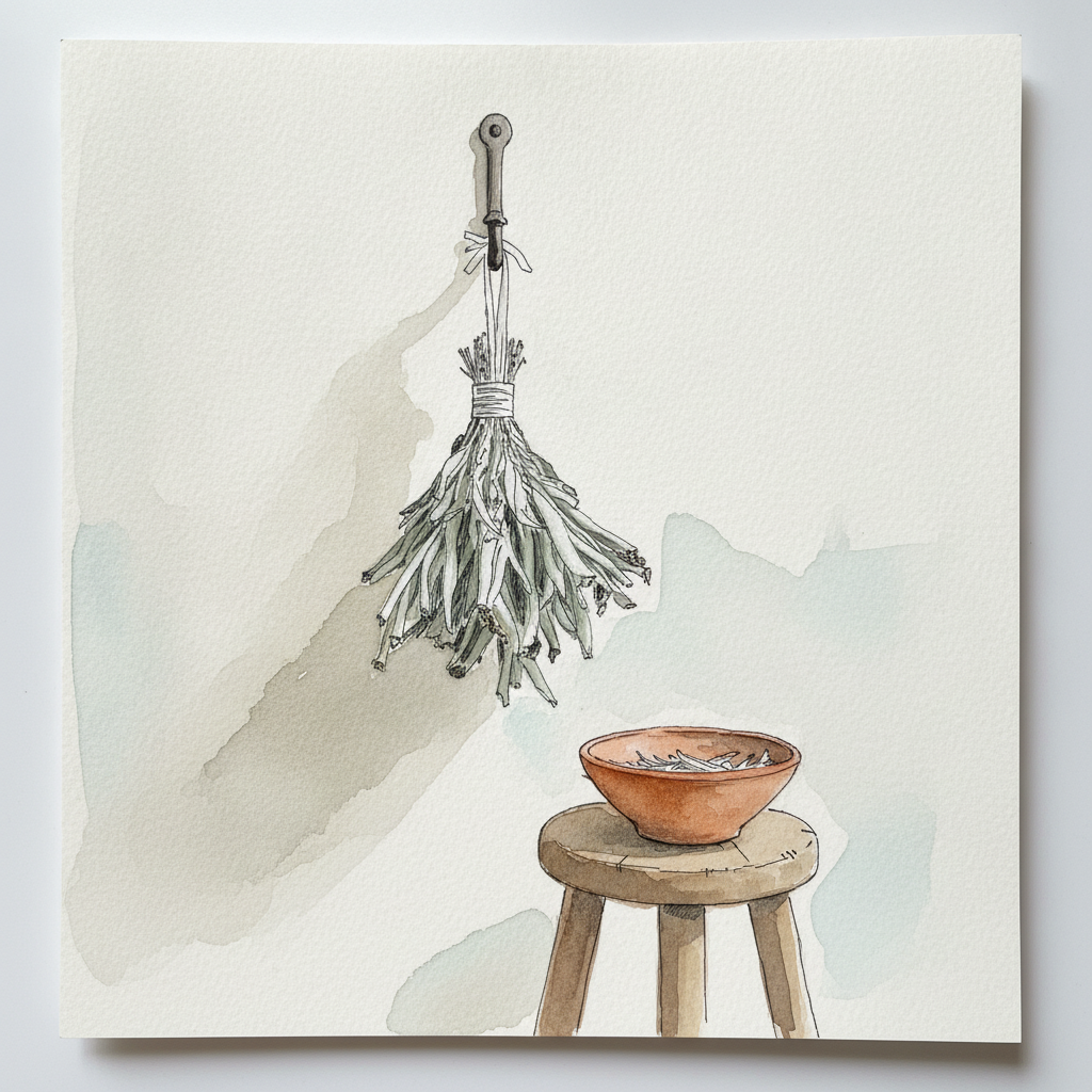 Sage bundle drying on a hook example 1
